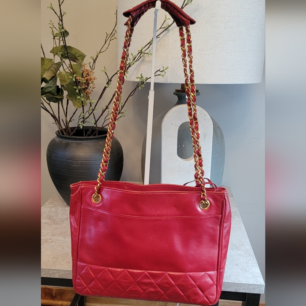 Chanel Red Lambskin Chain Tote